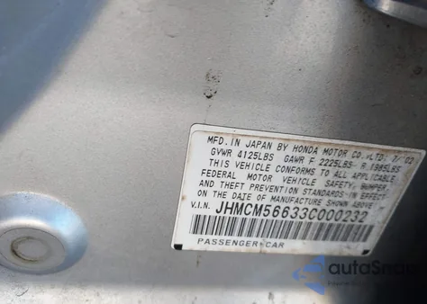 2003 Honda Accord 2.4 Ex from USA, damaged, VIN JHMCM56633C000232